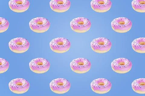 Pink donuts on blue background pattern 3d render Stock Illustration