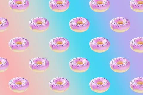 Pink donuts on colorful background pattern 3d render Stock Illustration