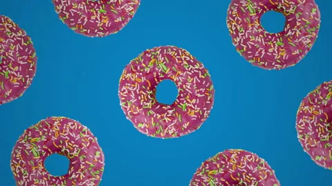 Pink donuts geometric pattern on a blue background. Simple motion graphic food Stock Footage 152111856