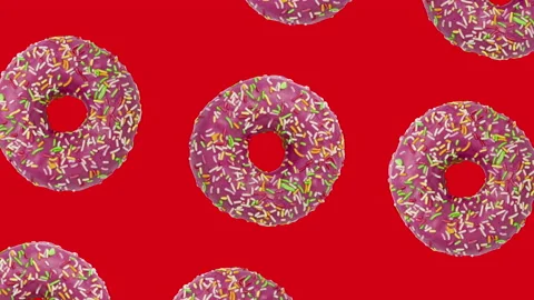 Pink donuts in geometric pattern on a red background. Simple motion graphics Stock Footage 150361999