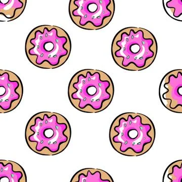 Pink donuts seamless pattern on white decorative style cartoon Stock Illustration