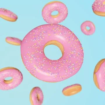 Pink donut's with sprinkles falling down on blue background Stock Illustration