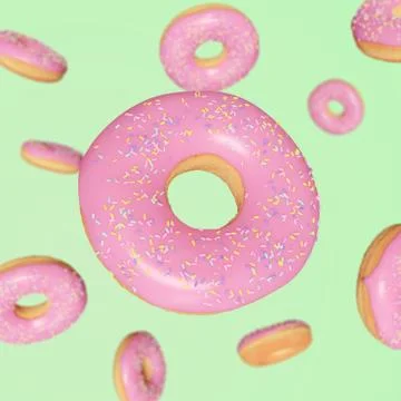 Pink donut's with sprinkles falling down on green background Stock-Illustration