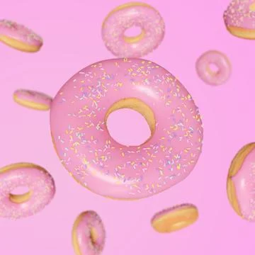 Pink donut's with sprinkles falling down on pink background Stock-Illustration