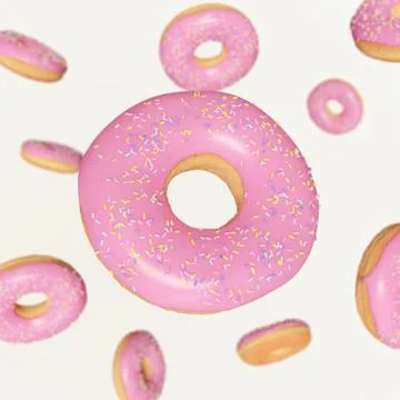 Pink donut's with sprinkles falling down on white background Stock-Illustration