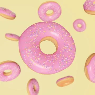 Pink donut's with sprinkles falling down on yellow background Stock-Illustration