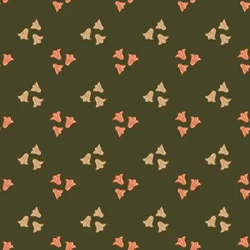 Pink doodle bellflowers seamless pattern in botany floral style. Green dark o Stock Illustration