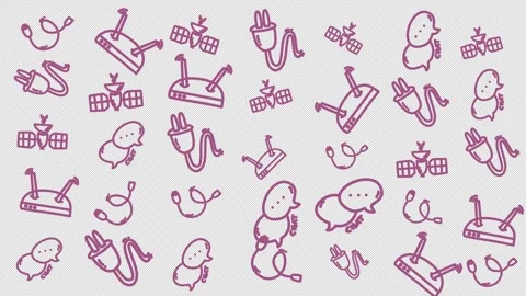 Pink doodles show various tech devices and satellites Stock Footage 337532549