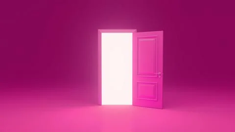 Pink door opening to bright light in empty room Ilustración de archivo