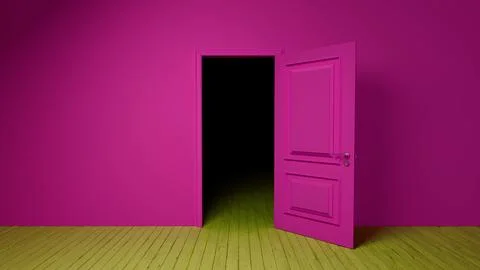 Pink door opening into darkness in empty room with green floor Stock Illustration