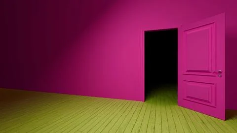 Pink door opening into darkness in empty room with green wooden floor Stock Illustration