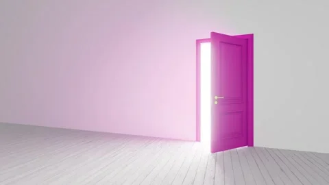 Pink door opening to white light in empty room Stock Footage 310792113
