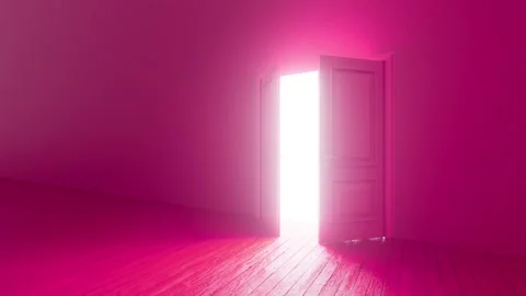 Pink double door opening to bright light Stock Footage 310791738