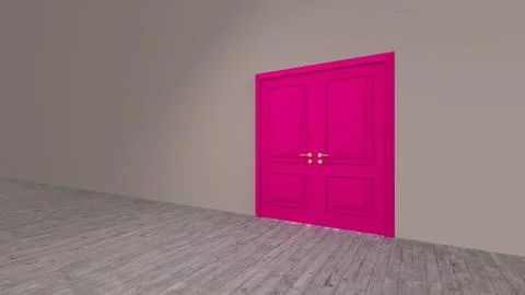 Pink double door opening into empty room with wooden floor Ilustración de archivo