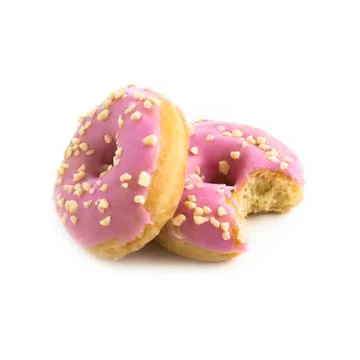 Pink doughnuts, one with a missing bite Stock Photos