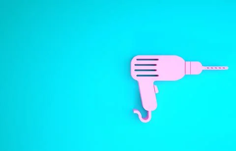 Pink Drill machine icon isolated on blue background. Minimalism concept. 3d i Illustration