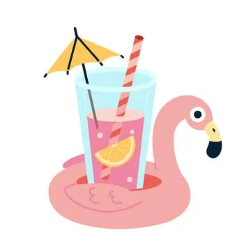 Pink drink with lemon slice, straw and umbrella in a flamingo float. Fun su.. Stock Illustration
