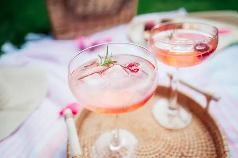 Pink drinks, cocktail with ice, raspberry, rosemary. Two glasses with martini Stock Photos