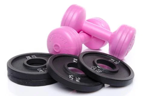 Pink dumbells with weights Stock-Fotos