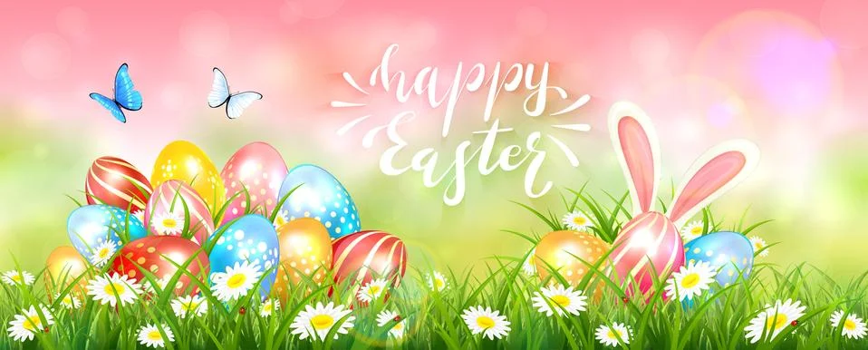 Pink Easter Background with Colorful Eggs Stock Illustration