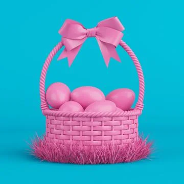 Pink Easter Basket for Easter Eggs with  Bow in  Grass Filled with Easter E.. Stock Illustration