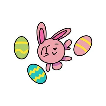 Pink easter bunny, jumping surrounded by 3 easter eggs. Stock Illustration