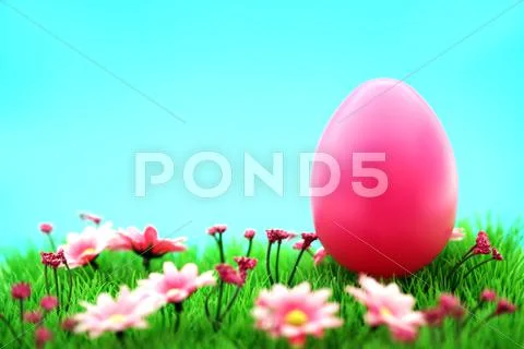 Pink easter egg on meadow with flowers & cyan background Stock Photos