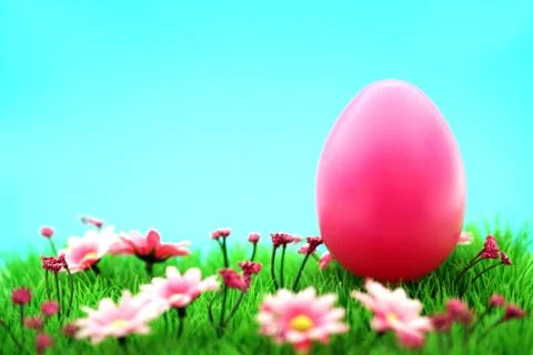 Pink easter egg on meadow with flowers &amp; cyan background Фото