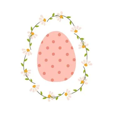 Pink Easter egg with polka dot pattern inside delicate daisy wreath. Soft pastel Stock Illustration