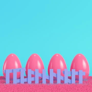 Pink easter eggs behind the fence on bright blue background in pastel colors Stock Illustration