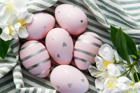 Pink easter eggs decorated with silver patterns Stock Photos