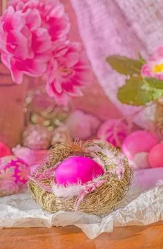 Pink easter eggs in nest and tulips. Background with easter eggs. Stock Photos