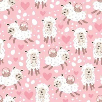 Pink easter patterns with cute easter sheep Stock Illustration