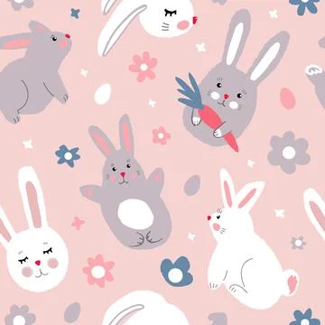 Pink Easter seamless pattern with cute bunnies, flowers and eggs. Modern simp Stockillustratie