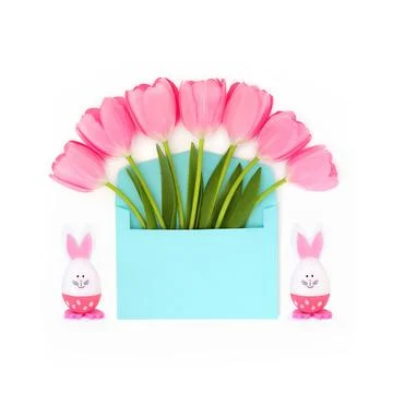 Pink Easter Springtime Tulip Flower Gift with Cute Bunny Rabbit Stock Photos