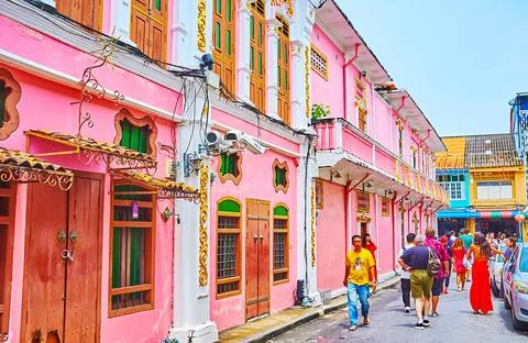 Pink edifices in Sio Rommani stree, Phuket, Thailand Stock Photos