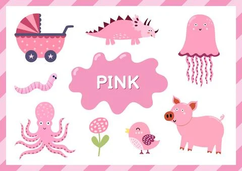 Pink. Educational worksheet for kids. Learning the color pink set Stock Illustration
