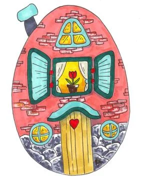 Pink egg house, easter greeting card, illustration element for book Stock Illustration