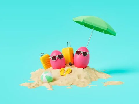 Pink eggs with suitcases and beach accessories against blue background Stock Illustration