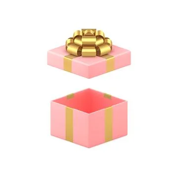 Pink elegant feminine squared open gift box with golden bow ribbon 3d icon re Stock Illustration