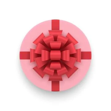 Pink elegant gift box with glossy red bow ribbon feminine surprise top view.. Stock Illustration