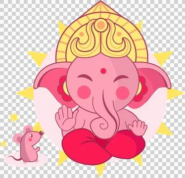 Pink elephant deity is sitting in flat design with golden crown and mouse, Stock Illustration