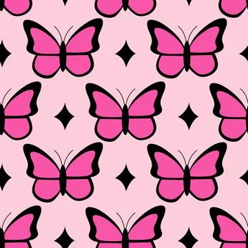 Pink emo seamless pattern with butterflies and stars. Y2k. Stock Illustration