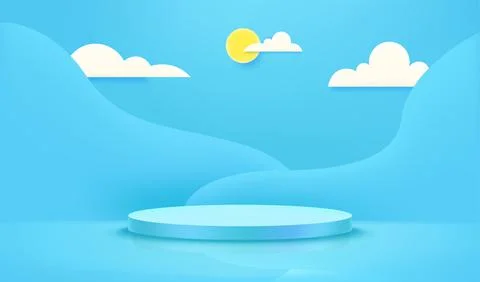 Pink empty interior mockup with clouds and mirror floor. Template for design. Stock-Illustration