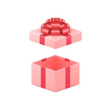 Pink empty wrapped gift box with red luxury bow ribbon festive pack 3d icon.. 스톡 일러스트