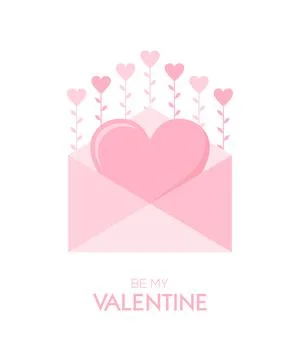 Pink envelope with big heart inside and hearts on stems on a white background Stock Illustration