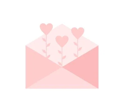 Pink envelope with hearts on stems inside on a white background Stock Illustration
