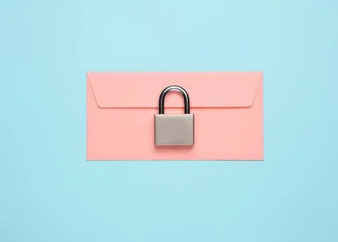 Pink envelope with padlock on blue background Stock Photos