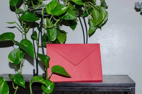 Pink envelope on table next to white background. Stock Photos