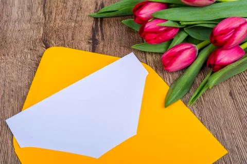 Pink envelope with tulips on a table 스톡 사진